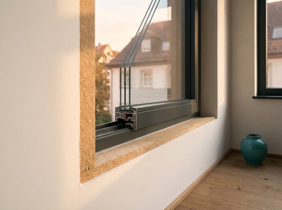 Neues dreifach verglastes Fenster in gedämmter, frisch verputzter Altbauwand