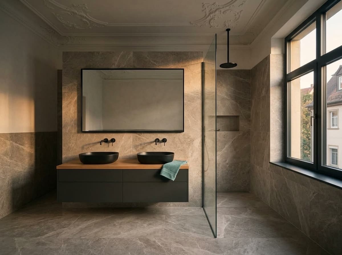 Saniertes Bad im Altbau mit Natursteinfliesen, Doppelwaschtisch und bodengleicher Dusche